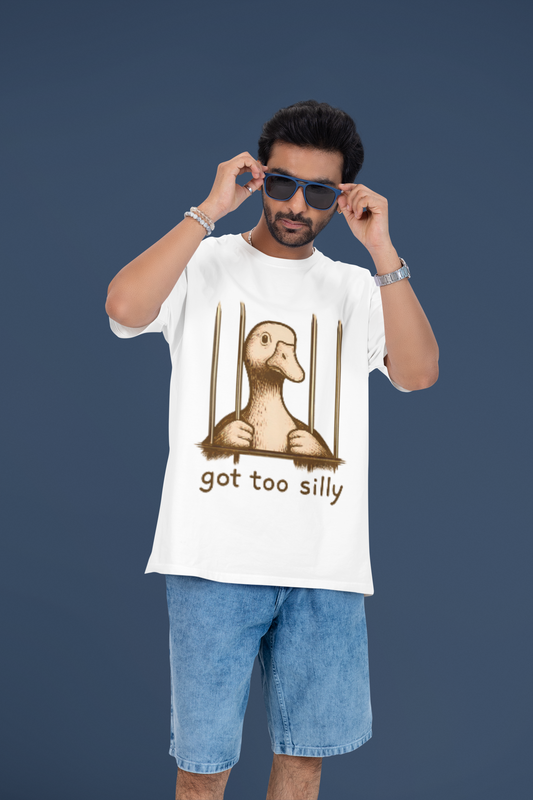 Got Too Silly – Funny Duck Behind Bars Oversized T-Shirt